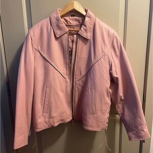 Ladies Soft Pink Leather Motorcycle Jacket with Braid Trim